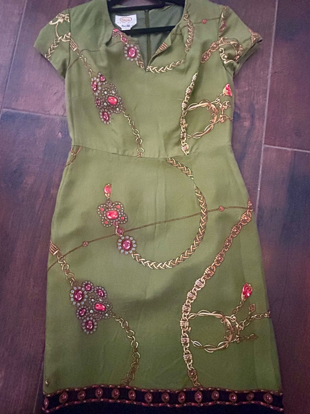 Rare Silk Brocade Talbot Olive Green Jewel-Print lined Sheath Dress